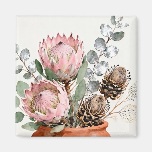 Watercolor Protea Eucalyptus Arrangement マグネット (正面)