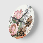Watercolor Protea Eucalyptus Arrangement ラウンド壁時計 (傾斜)