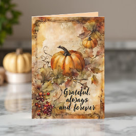 Watercolor Pumpkin and Autumn Leaves Thanksgiving カード