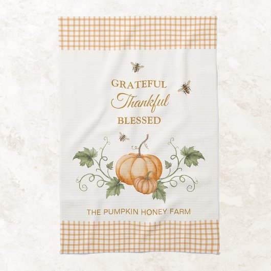 Watercolor Pumpkins et Honeybees Thanksgiving Fall キッチンタオル