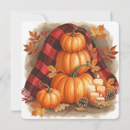 Watercolor pumpkins, plaid and candles カード