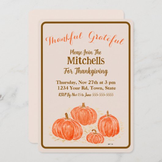 Watercolor Pumpkins Thankful Grateful  招待状 (正面/裏面)