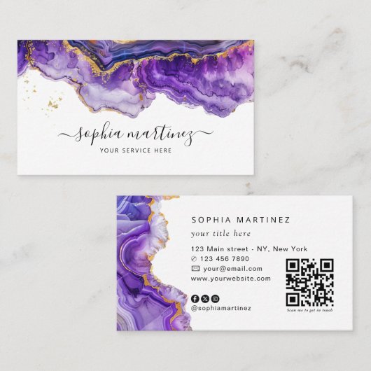 Watercolor Purple Agate gold glitter & QR Code 名刺 (正面/裏面)