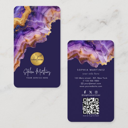 Watercolor Purple Agate gold glitter & QRCode Logo 名刺 (正面/裏面)