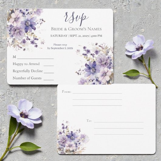 Watercolor Purple & Blue Floral Wedding RSVP 招待状