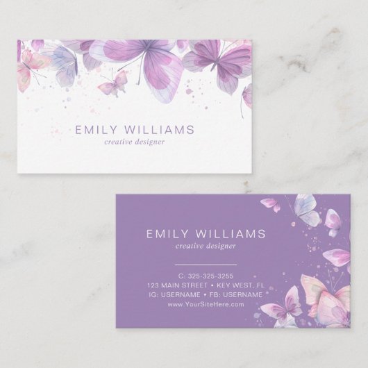 Watercolor Purple Butterflies Business Card 名刺 (正面/裏面)