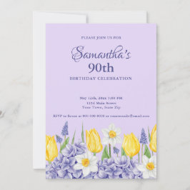 Watercolor Purple Floral 90th Birthday Party 招待状