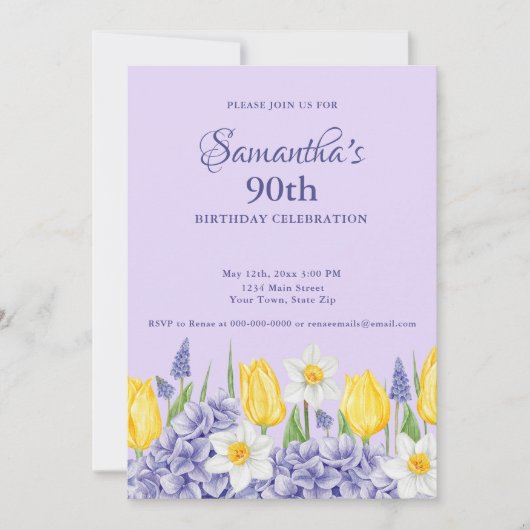 Watercolor Purple Floral 90th Birthday Party 招待状 (正面)