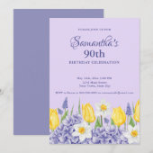 Watercolor Purple Floral 90th Birthday Party 招待状 (正面/裏面)