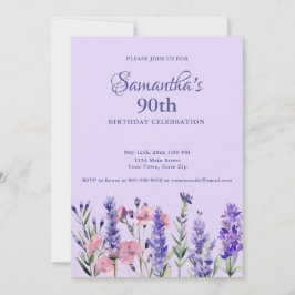 Watercolor Purple Floral 90th Birthday Party 招待状