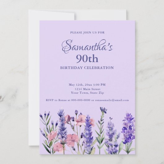 Watercolor Purple Floral 90th Birthday Party 招待状 (正面)