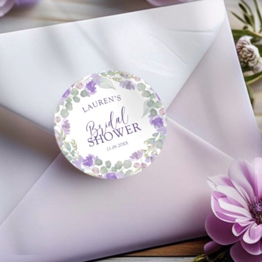 Watercolor Purple Floral Bridal Shower ラウンドシール