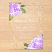 Watercolor Purple Floral Gold Bat Mitzvah アクリル招待状 (正面)