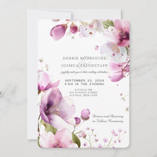 Watercolor Purple Floral Wedding Invitation  招待状 (正面)