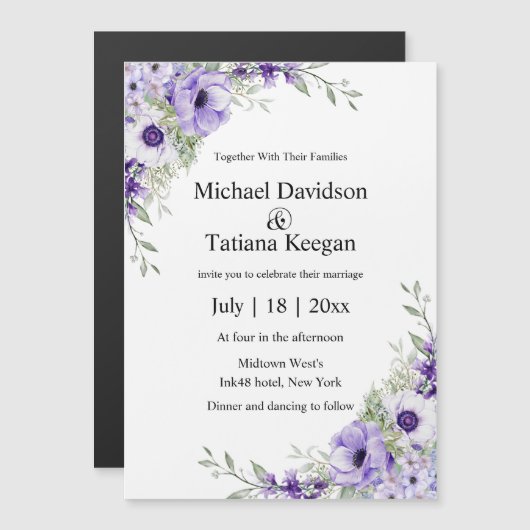 watercolor purple floral wedding invitation magnet (正面/裏面)