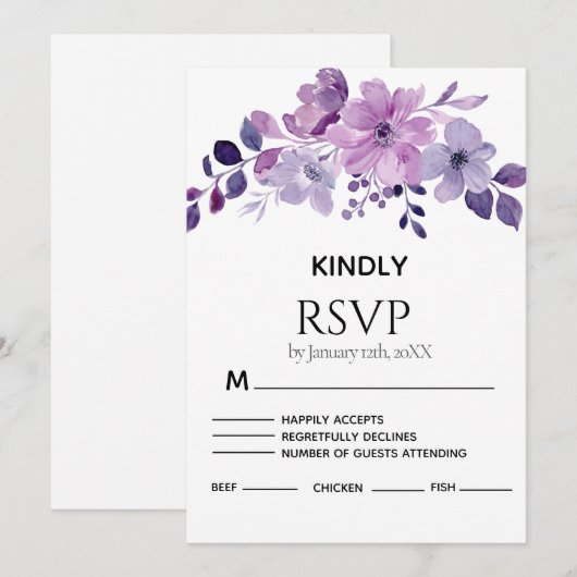 Watercolor purple flower bouquet RSVP card (正面/裏面)