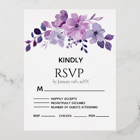Watercolor purple flower bouquet RSVP card 箔招待状ポストカード (正面)