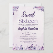 Watercolor Purple Flowers Sweet Sixteen 招待状 (正面)