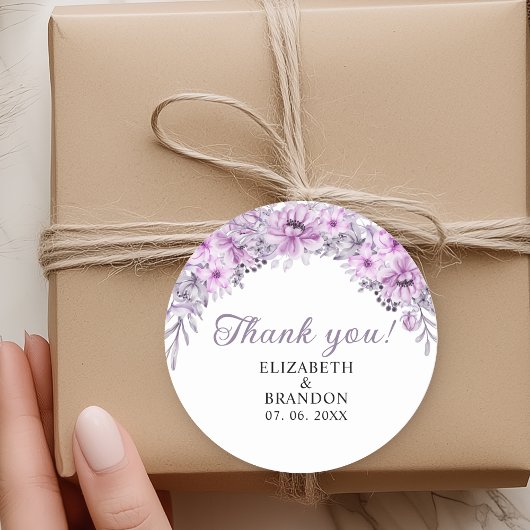 Watercolor Purple Flowers Wedding Celebration ラウンドシール