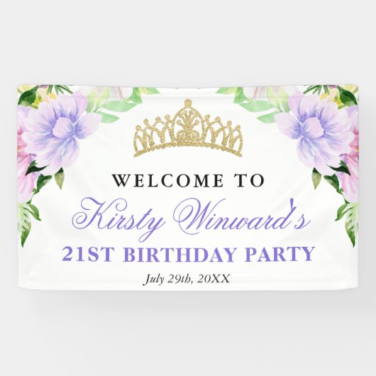 Watercolor Purple Flowers Welcome Birthday Party 横断幕 (横)