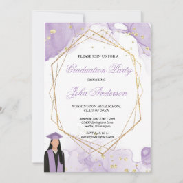 Watercolor Purple Gold Marble Graduation Party 招待状