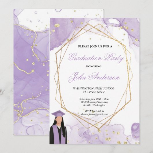 Watercolor Purple Gold Marble Graduation Party  招待状 (正面/裏面)