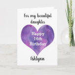 Watercolor Purple Heart Daughter Happy 16th カード<br><div class="desc">A Happy 16th birthday daughter card that features a watercolor purple heart, which you can personalize underneath with her name. The inside card message reads "I hope that today and every day is filled with lots of love, laughter & fun. I love you, always. Happy 16th Birthday!" The card message...</div>