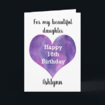 Watercolor Purple Heart Daughter Happy 16th カード<br><div class="desc">A Happy 16th birthday daughter card that features a watercolor purple heart, which you can personalize underneath with her name. The inside card message reads "I hope that today and every day is filled with lots of love, laughter & fun. I love you, always. Happy 16th Birthday!" The card message...</div>