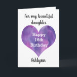 Watercolor Purple Heart Daughter Happy 16th カード<br><div class="desc">A Happy 16th birthday daughter card that features a watercolor purple heart, which you can personalize underneath with her name. The inside card message reads "I hope that today and every day is filled with lots of love, laughter & fun. I love you, always. Happy 16th Birthday!" The card message...</div>