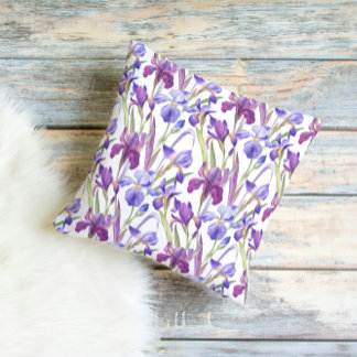 Watercolor Purple Iris Floral Throw Pillow クッション
