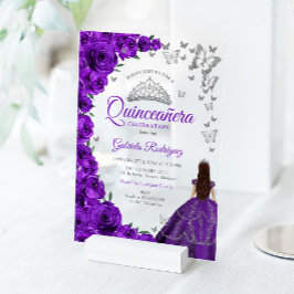 Watercolor Purple Roses Silver Quinceanera アクリル招待状