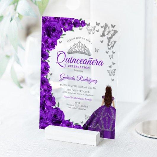 Watercolor Purple Roses Silver Quinceanera アクリル招待状