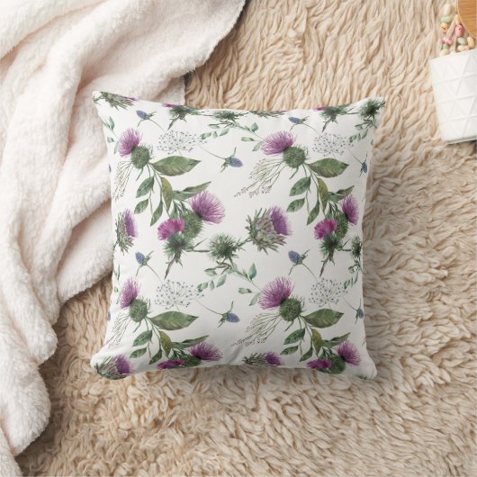 Watercolor Purple Thistle Botanical Pattern クッション (ブランケット)