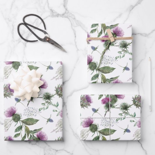 Watercolor Purple Thistle Botanical Pattern ラッピングペーパーシート (正面)