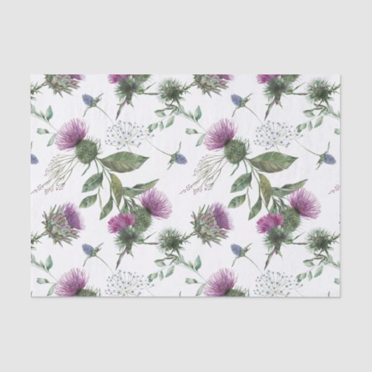 Watercolor Purple Thistle Botanical Pattern 薄葉紙 (正面)