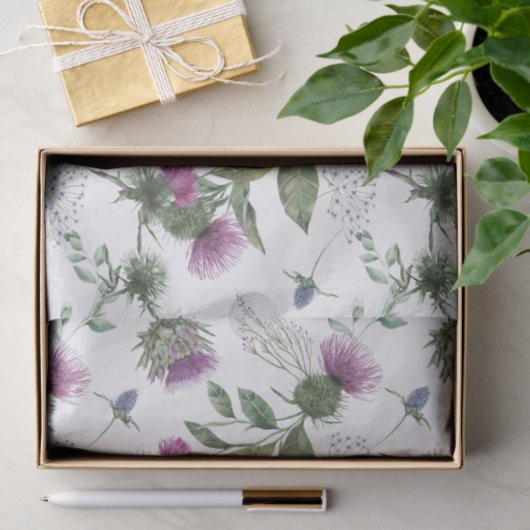Watercolor Purple Thistle Botanical Pattern 薄葉紙 (ギフト)