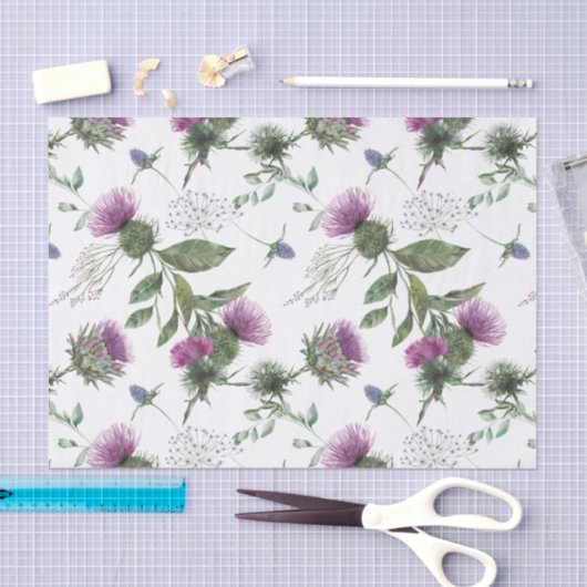 Watercolor Purple Thistle Botanical Pattern 薄葉紙 (クラフト)