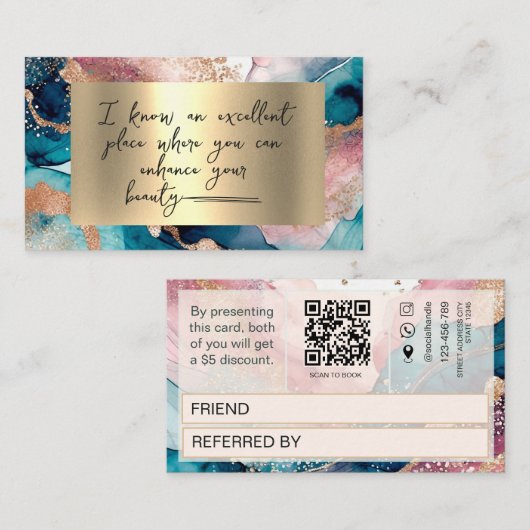 Watercolor Qr Code faux gold Blush Referral Card ロイヤリティカード (正面/裏面)