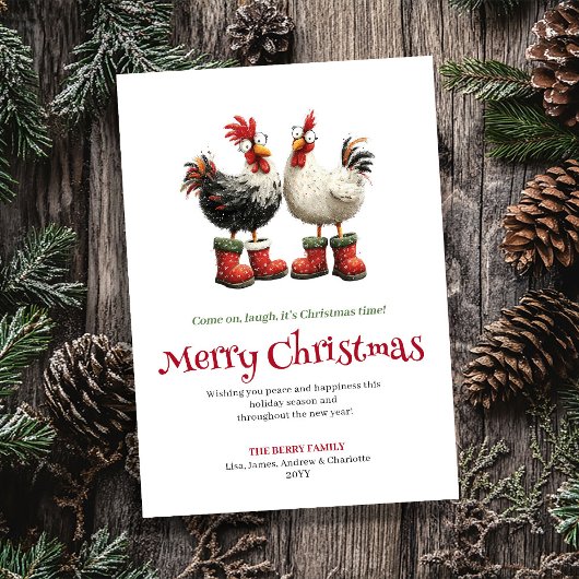 Watercolor quirky chickens holiday greeting card シーズンカード