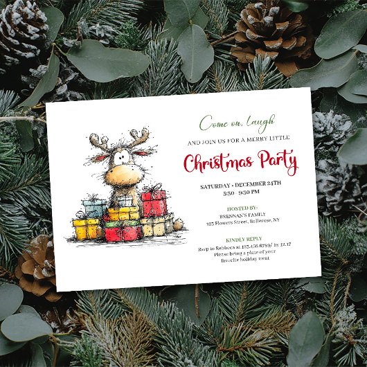 Watercolor quirky reindeer holiday party invite 招待状