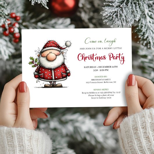 Watercolor quirky Santa holiday party invitation 招待状