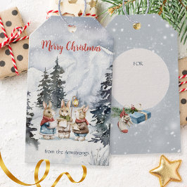 Watercolor Rabbit Carolers Cottagecore Holiday ギフトタグ