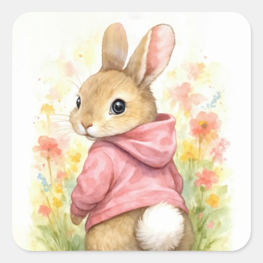 Watercolor Rabbit in a Pink Hoodie スクエアシール (正面)