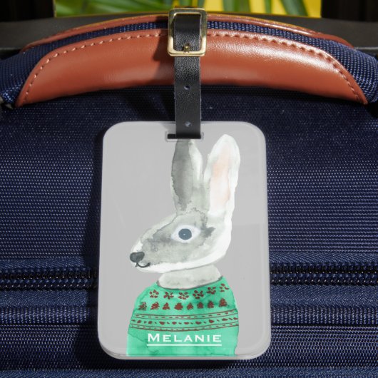 Watercolor Rabbit in Sweater Grey Personalised ラゲッジタグ (正面インサイチュ2)