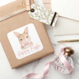Watercolor Rabbit with Pink Bow| かわいいイースターうさぎ スクエアシール