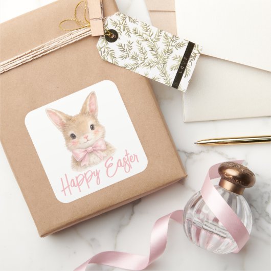 Watercolor Rabbit with Pink Bow| かわいいイースターうさぎ スクエアシール (ギフト)