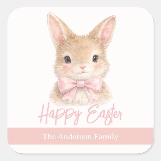 Watercolor Rabbit with Pink Bow| Cute Easter Bunny スクエアシール (正面)
