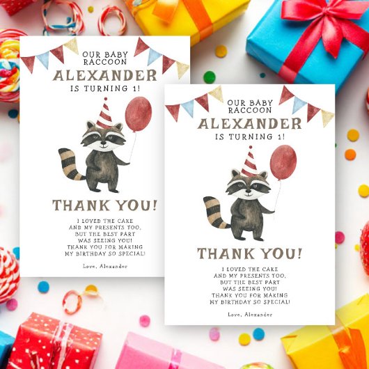 Watercolor Raccoon 1st Birthday  サンキューカード