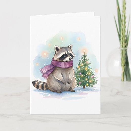 Watercolor Raccoon Cute Winter Woodland Holiday カード (正面)