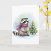 Watercolor Raccoon Cute Winter Woodland Holiday カード (黄色い花)